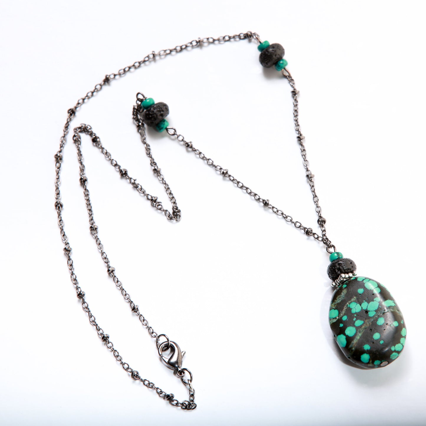 Natural Tibetan Turquoise Oval Pendant accented with Turquoise and Lava Roundel in 21" Rhodium Necklace, earth stone, December birthstone