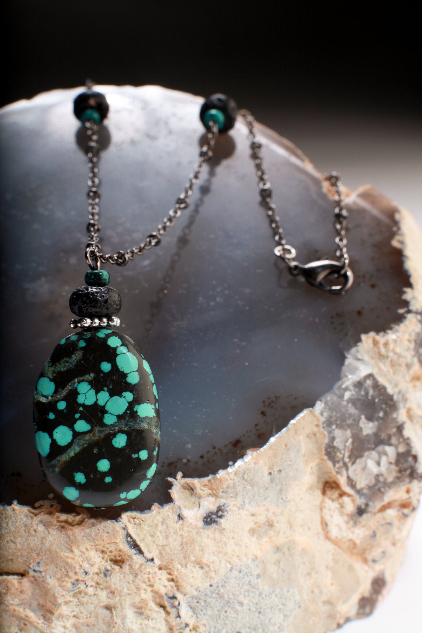 Natural Tibetan Turquoise Oval Pendant accented with Turquoise and Lava Roundel in 21" Rhodium Necklace, earth stone, December birthstone