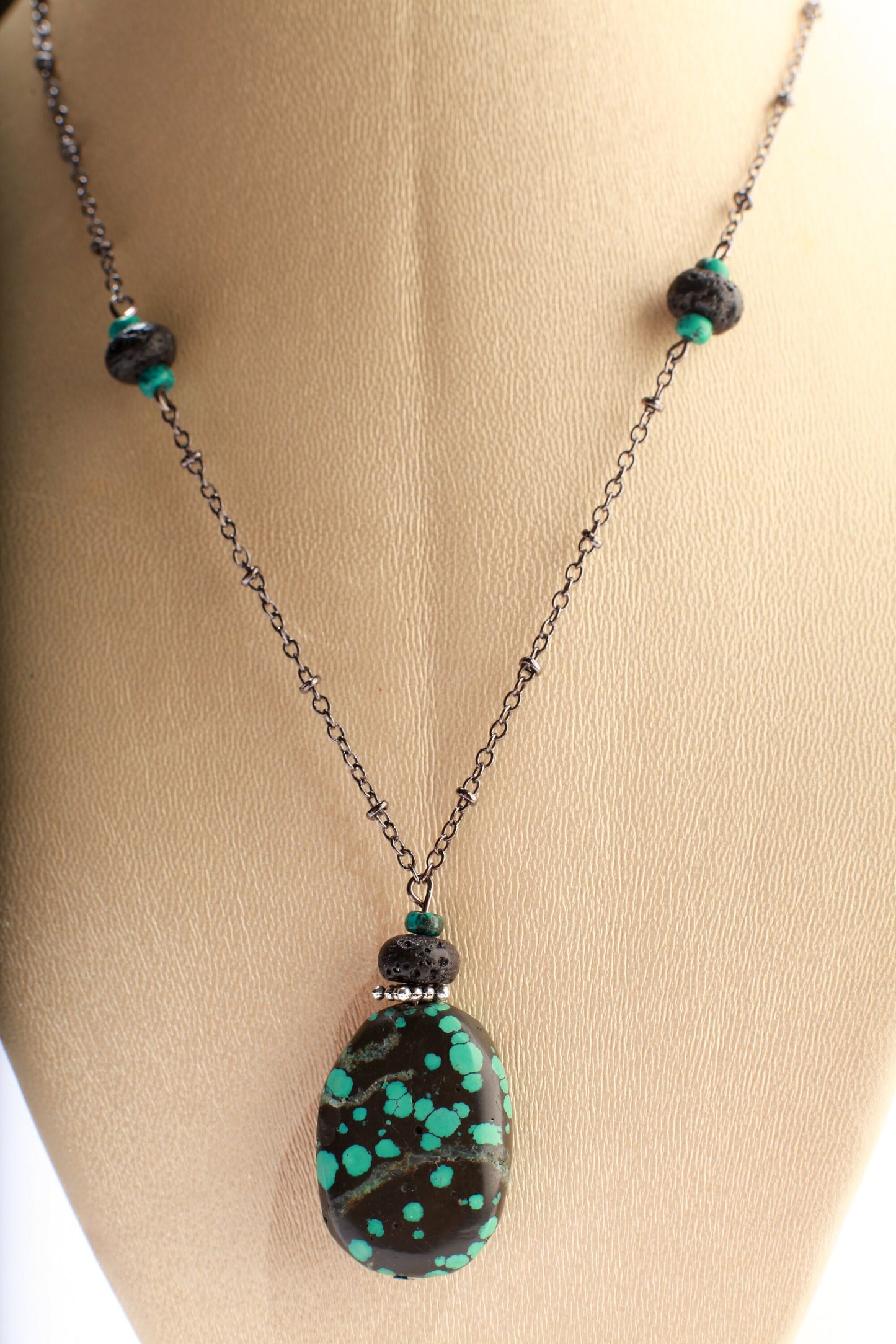 Natural Tibetan Turquoise Oval Pendant accented with Turquoise and Lava Roundel in 21" Rhodium Necklace, earth stone, December birthstone