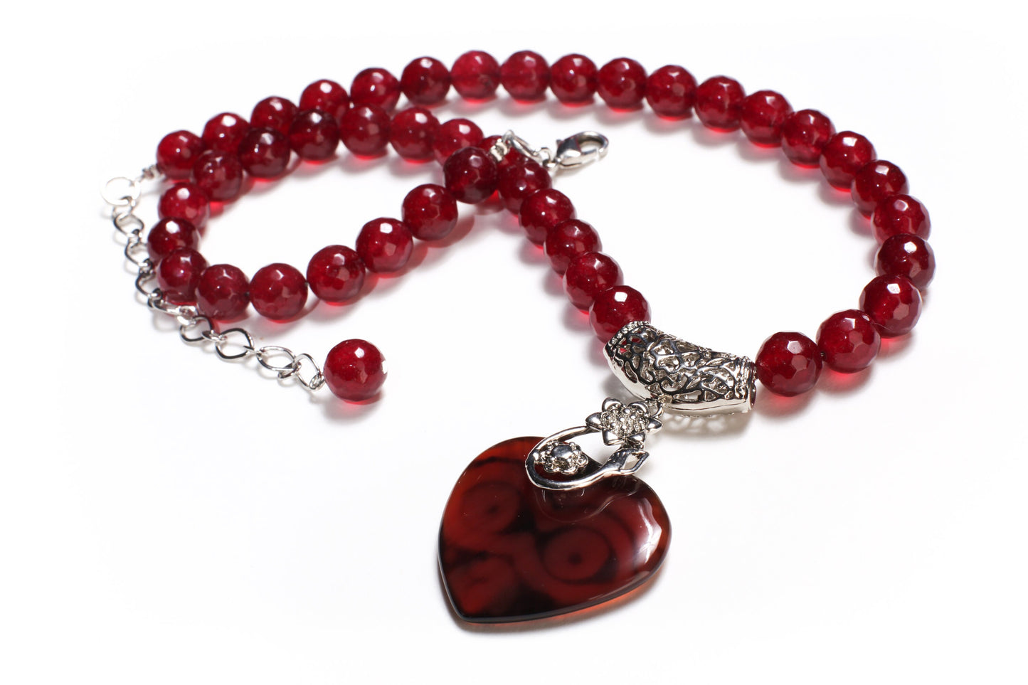 Rasberry Quartz Faceted Round Beads with Heart Shape Evil Eye DZI Agate, Rhodium Silver Filigree Fancy Bail 18.5" Necklace with 3" Extension
