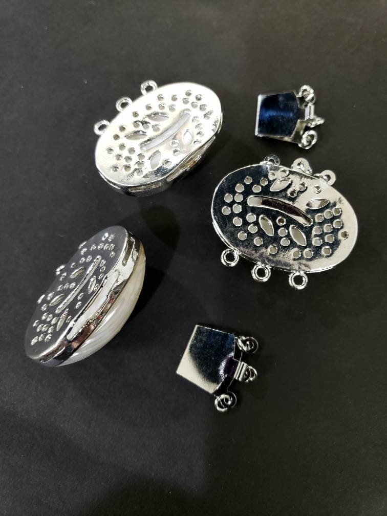 Mother of Pearl Clasp, White  Mother of Pearl 3 Loop Fancy Oval 25x35mm Large Clasp , Jewelry Making Rhodium 3 line Necklace Bracelet Clasp