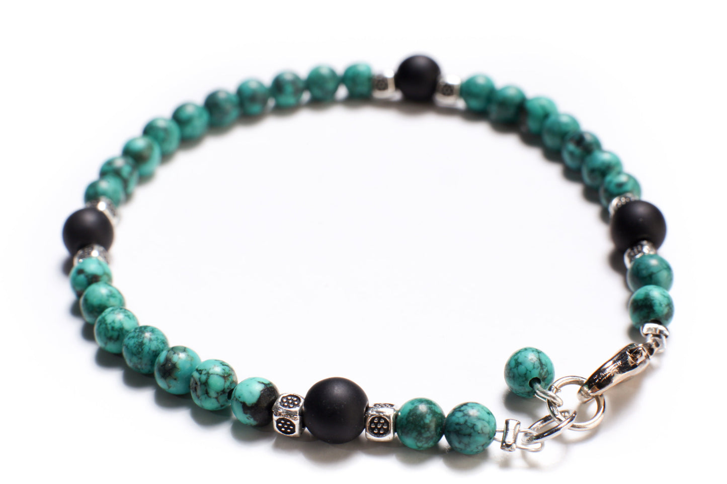 Natural Turquoise AAA Quality Spiderweb Matrix Bracelet Accented with Matte Black Onyx Beads Available in 6", 6.5", 7", 7.5" and 8"