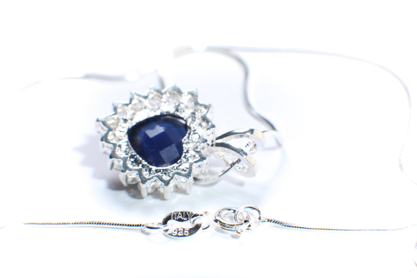Blue Heart CZ Pendant 925 Sterling Silver Cubic Zirconia Sapphire Blue Ocean Heart Pave CZ Diamond Style, Italian Sterling Silver Chain,Gift