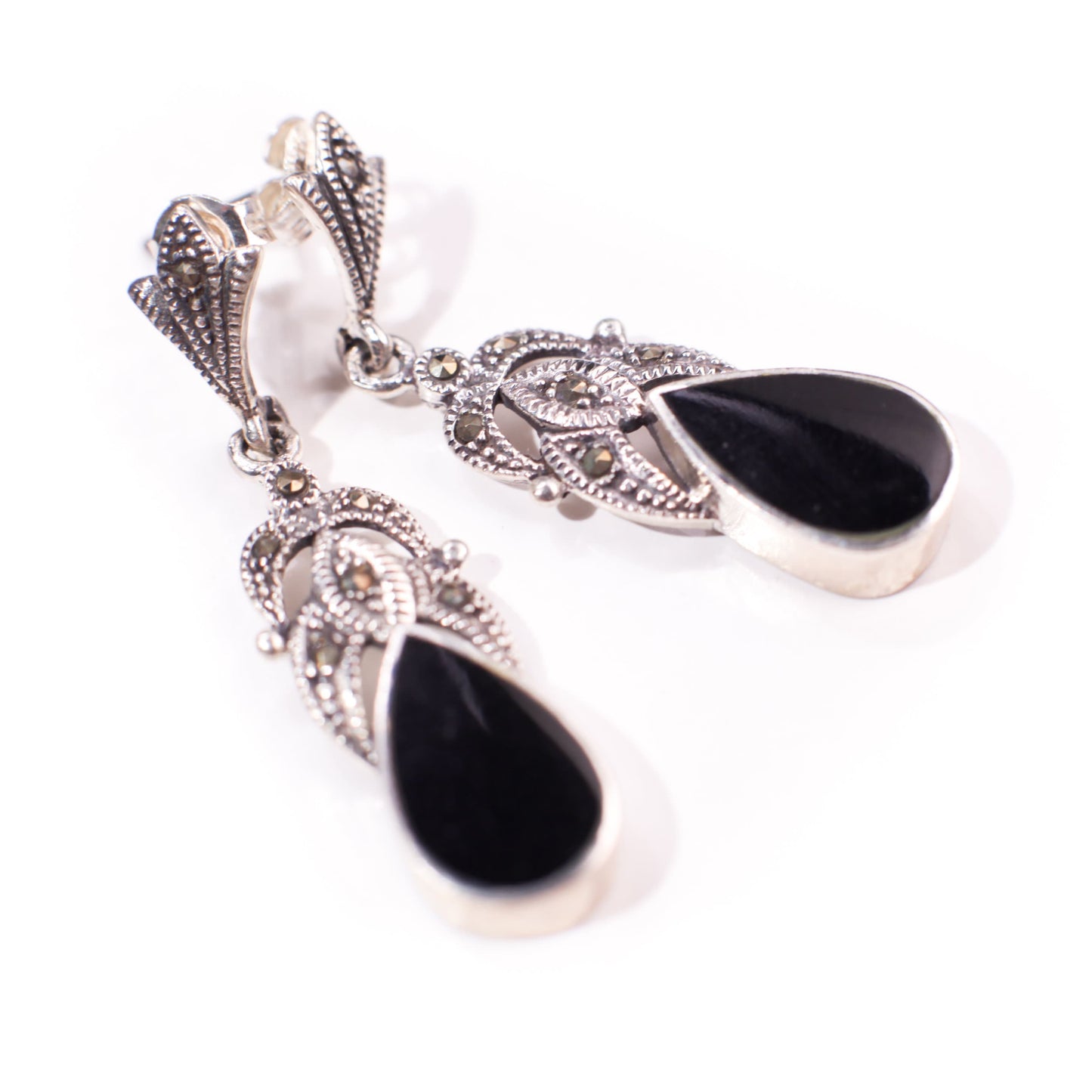 Marcasite 925 Sterling Silver Earrings Post with Teardrop Dangle Black Onyx, Vintage, Antique Marcasite Earrings Gift for her
