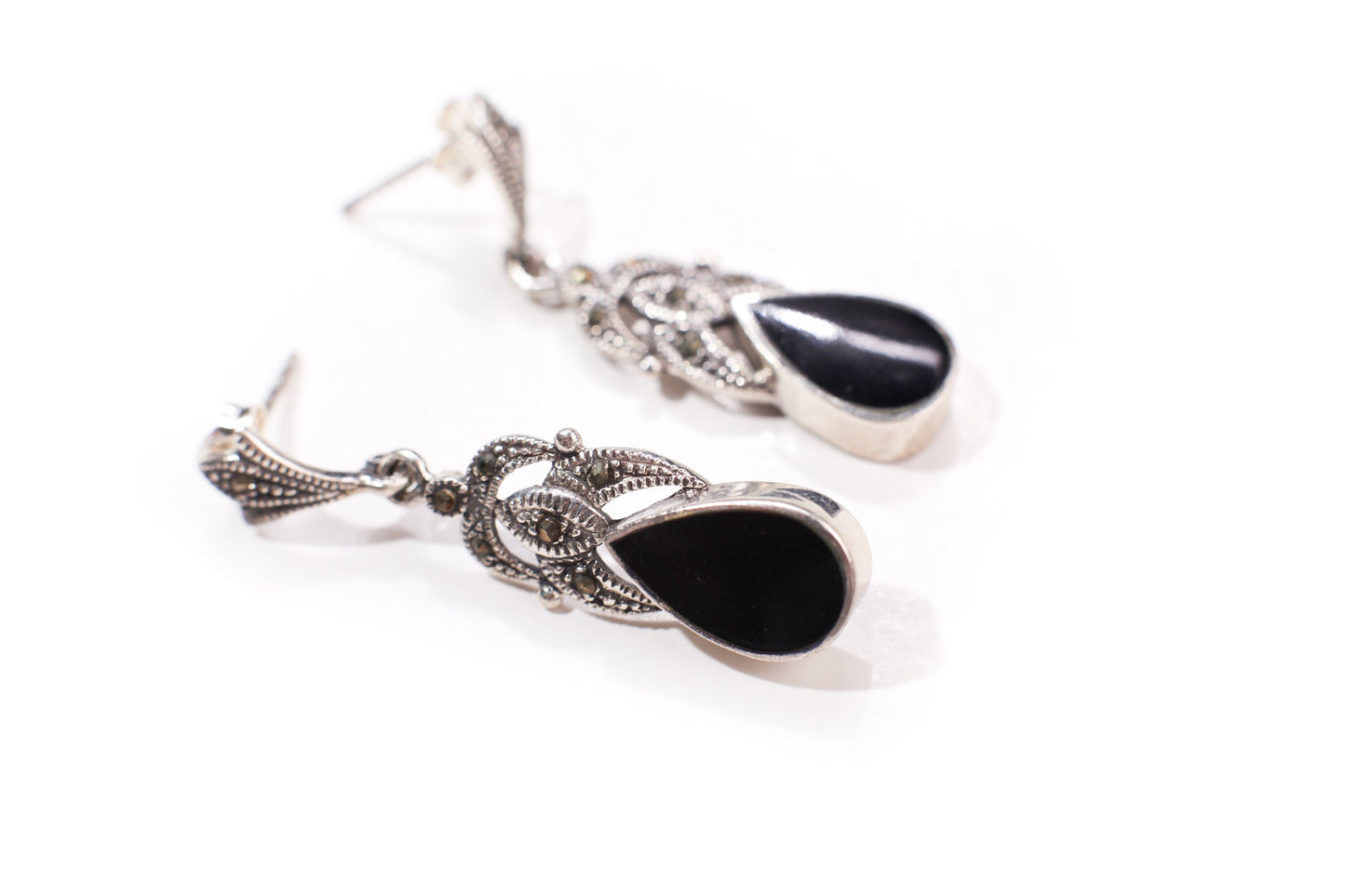 Marcasite 925 Sterling Silver Earrings Post with Teardrop Dangle Black Onyx, Vintage, Antique Marcasite Earrings Gift for her