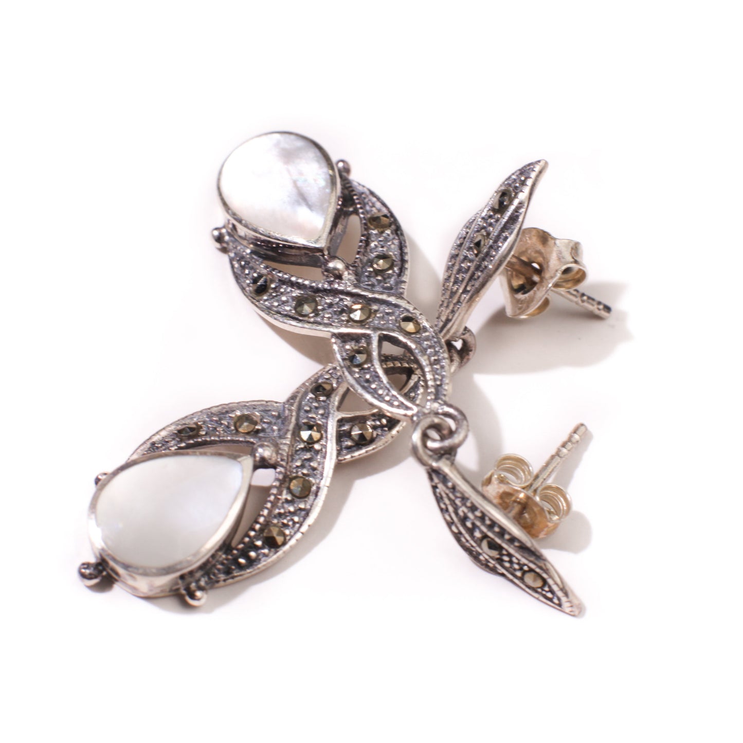 Marcasite 925 Sterling Silver Earrings Post with Dangle White Mother of Pearl, Vintage, Antique Marcasite Earrings 11x40mm Gift for her