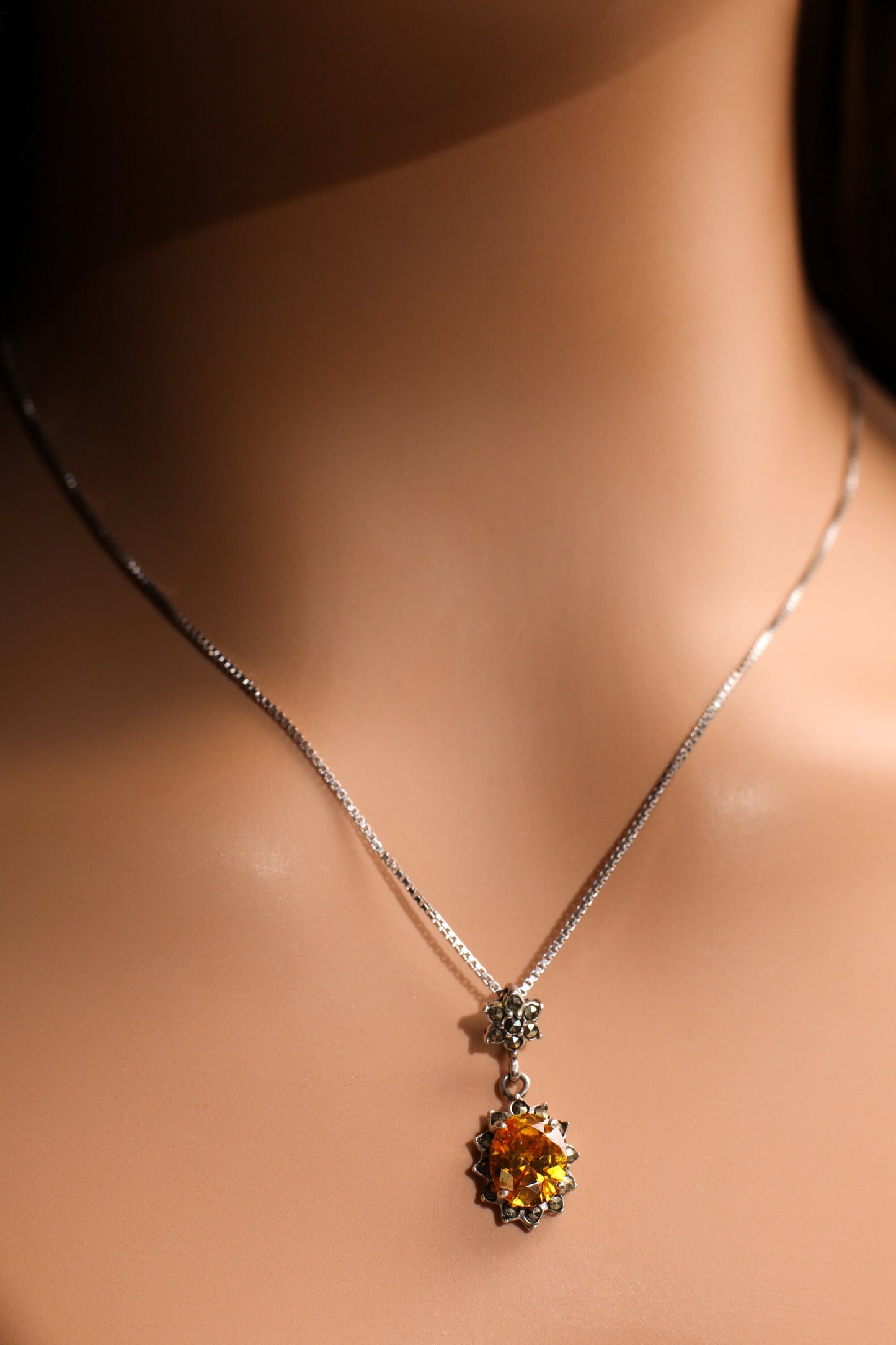 Genuine Citrine 925 Sterling Silver Marcasite Vintage, Antique Pendant With Matching 925 Sterling Silver Rhodium Box Chain 16",I8" Necklace,
