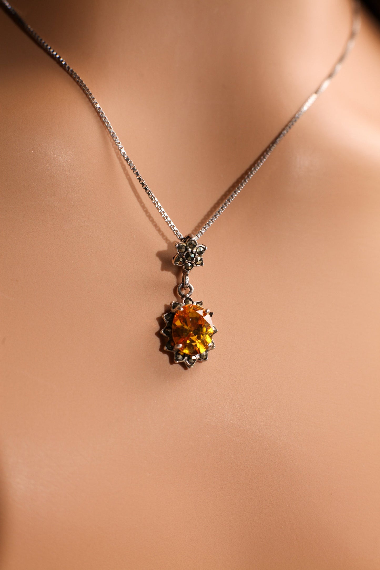 Genuine Citrine 925 Sterling Silver Marcasite Vintage, Antique Pendant With Matching 925 Sterling Silver Rhodium Box Chain 16",I8" Necklace,