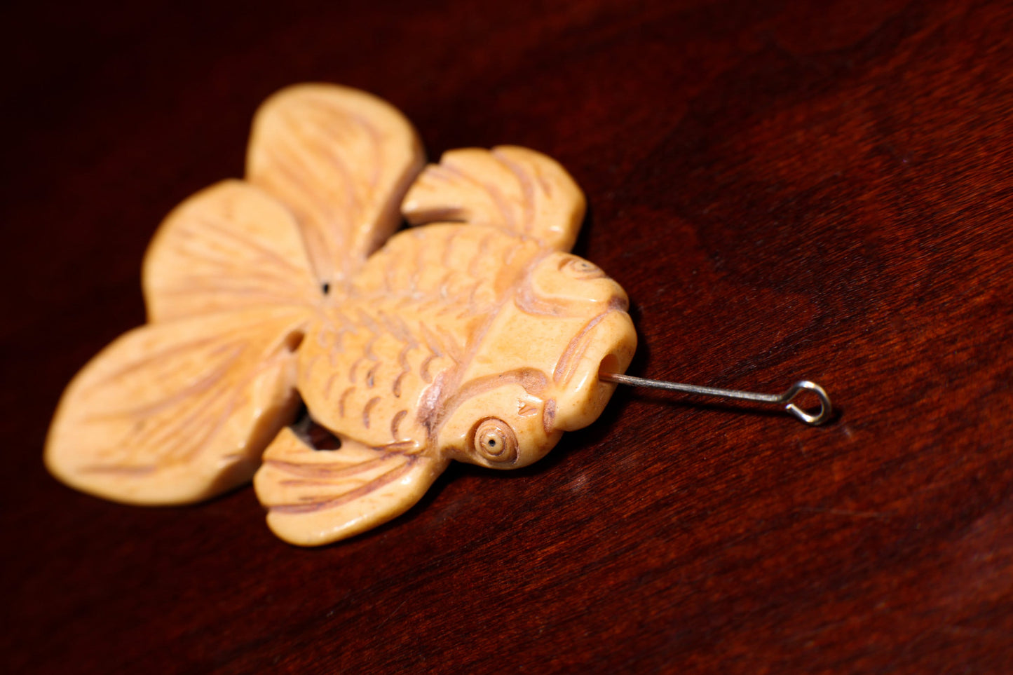 Carved Buffalo Bone Large Gold Fish, 52x42mm Hand Crafted Double Sided Animal Figurine Drilled Bead, Art Deco