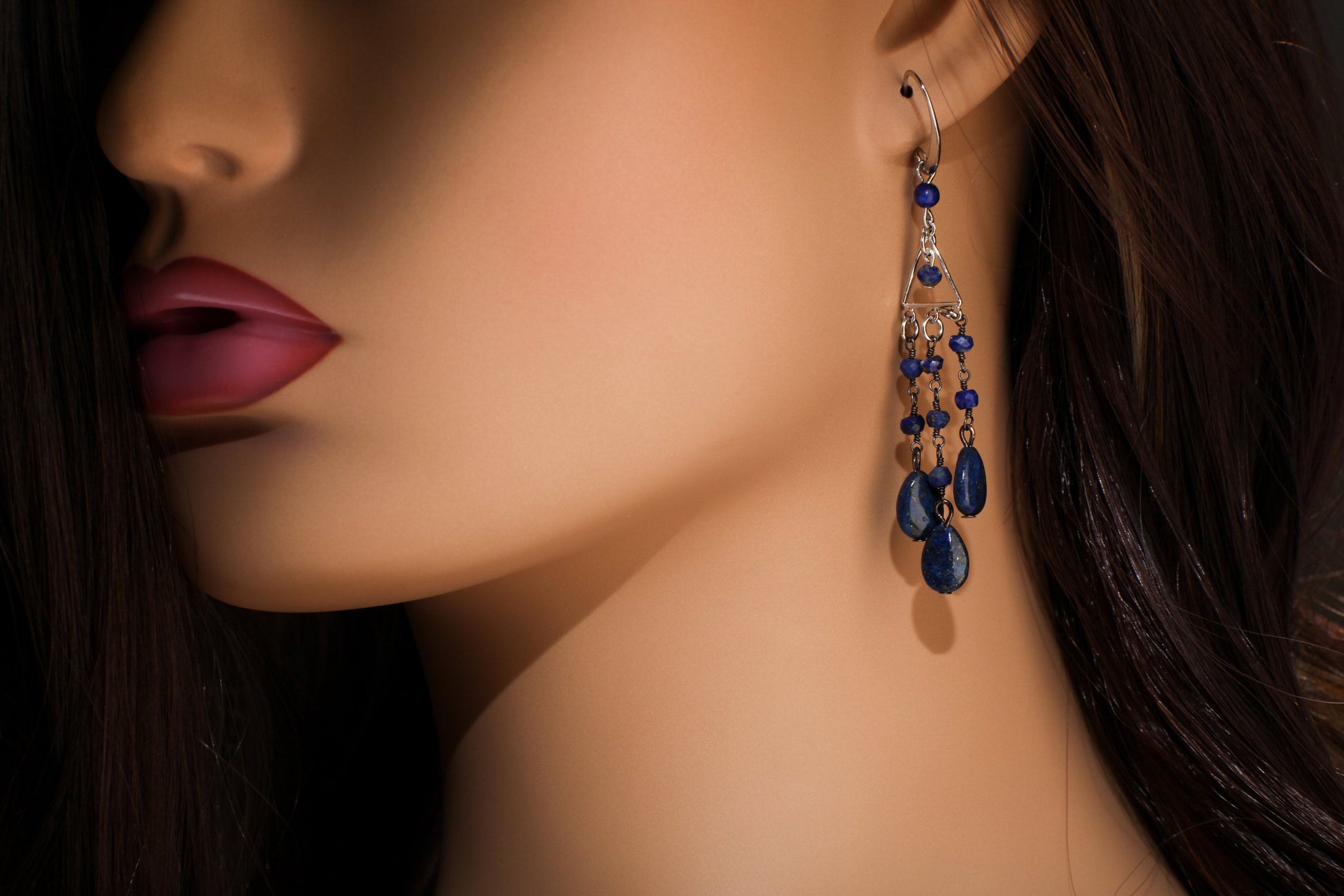 Lapis Lazuli Earrings, Natural Lapis Wire Wrapped Dangling Oval Accents Faceted Lapis Round Beads Rhodium silver Chandelier Ear Wire