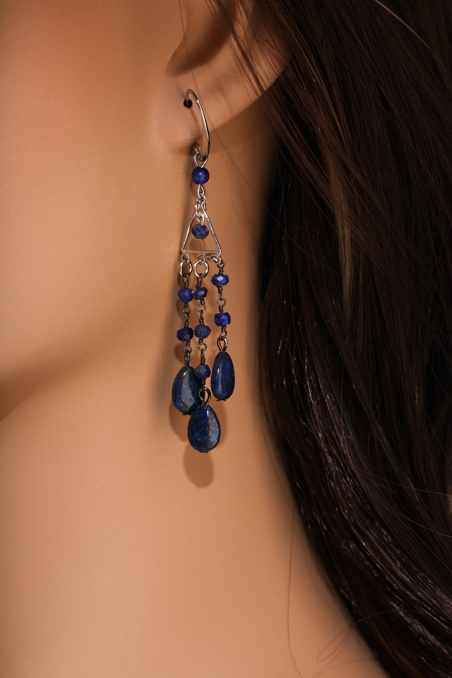 Lapis Lazuli Earrings, Natural Lapis Wire Wrapped Dangling Oval Accents Faceted Lapis Round Beads Rhodium silver Chandelier Ear Wire