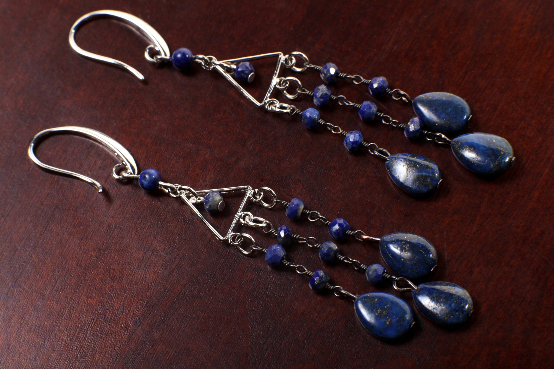 Lapis Lazuli Earrings, Natural Lapis Wire Wrapped Dangling Oval Accents Faceted Lapis Round Beads Rhodium silver Chandelier Ear Wire