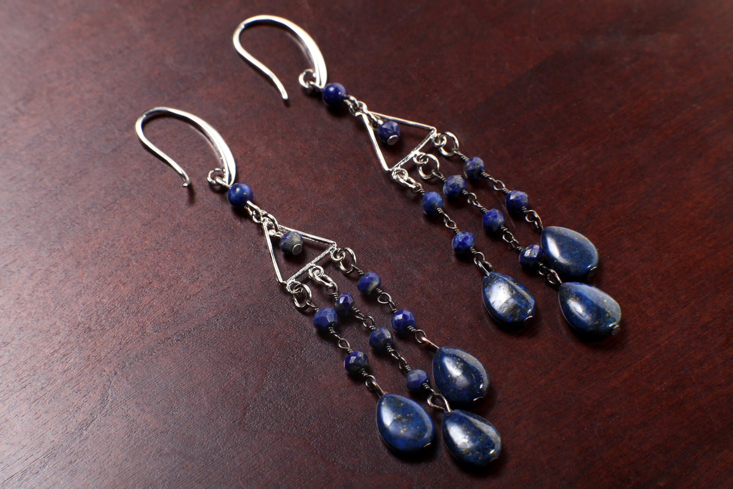 Lapis Lazuli Earrings, Natural Lapis Wire Wrapped Dangling Oval Accents Faceted Lapis Round Beads Rhodium silver Chandelier Ear Wire