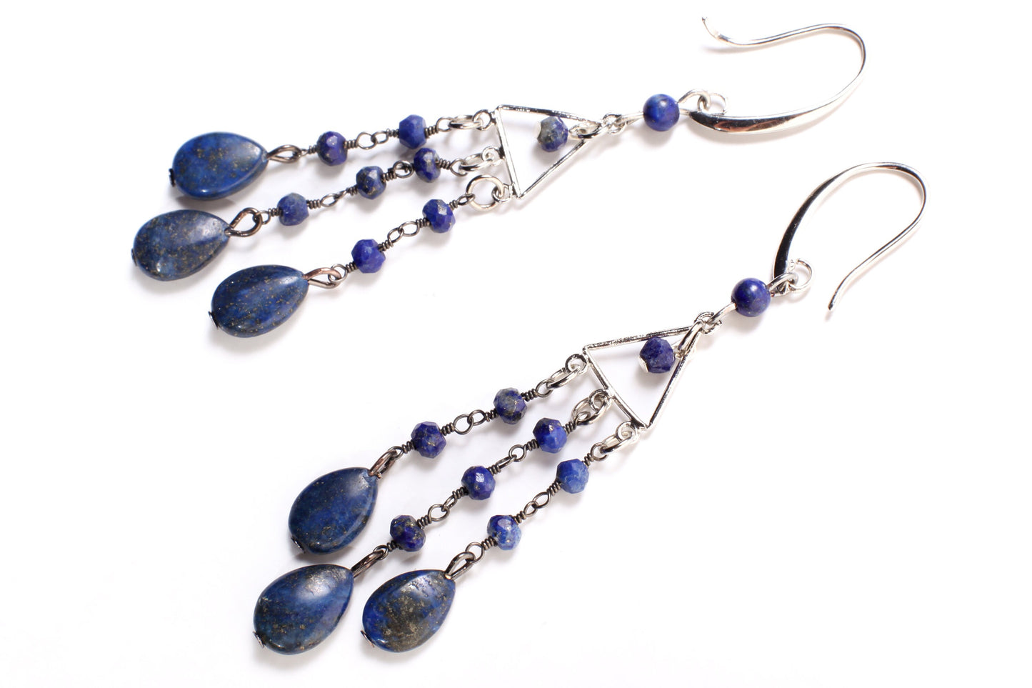 Lapis Lazuli Earrings, Natural Lapis Wire Wrapped Dangling Oval Accents Faceted Lapis Round Beads Rhodium silver Chandelier Ear Wire
