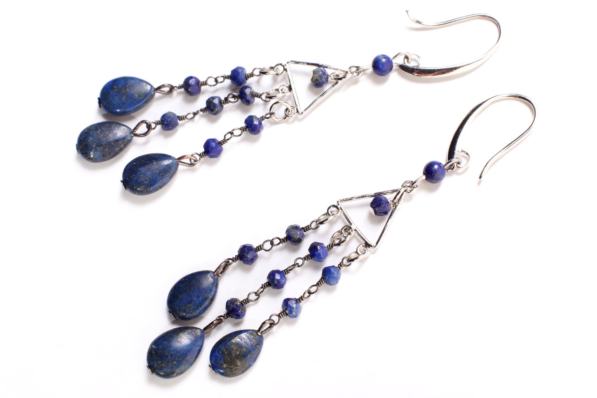 Lapis Lazuli Earrings, Natural Lapis Wire Wrapped Dangling Oval Accents Faceted Lapis Round Beads Rhodium silver Chandelier Ear Wire