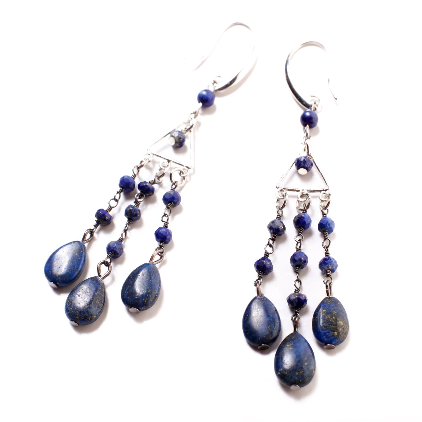 Lapis Lazuli Earrings, Natural Lapis Wire Wrapped Dangling Oval Accents Faceted Lapis Round Beads Rhodium silver Chandelier Ear Wire