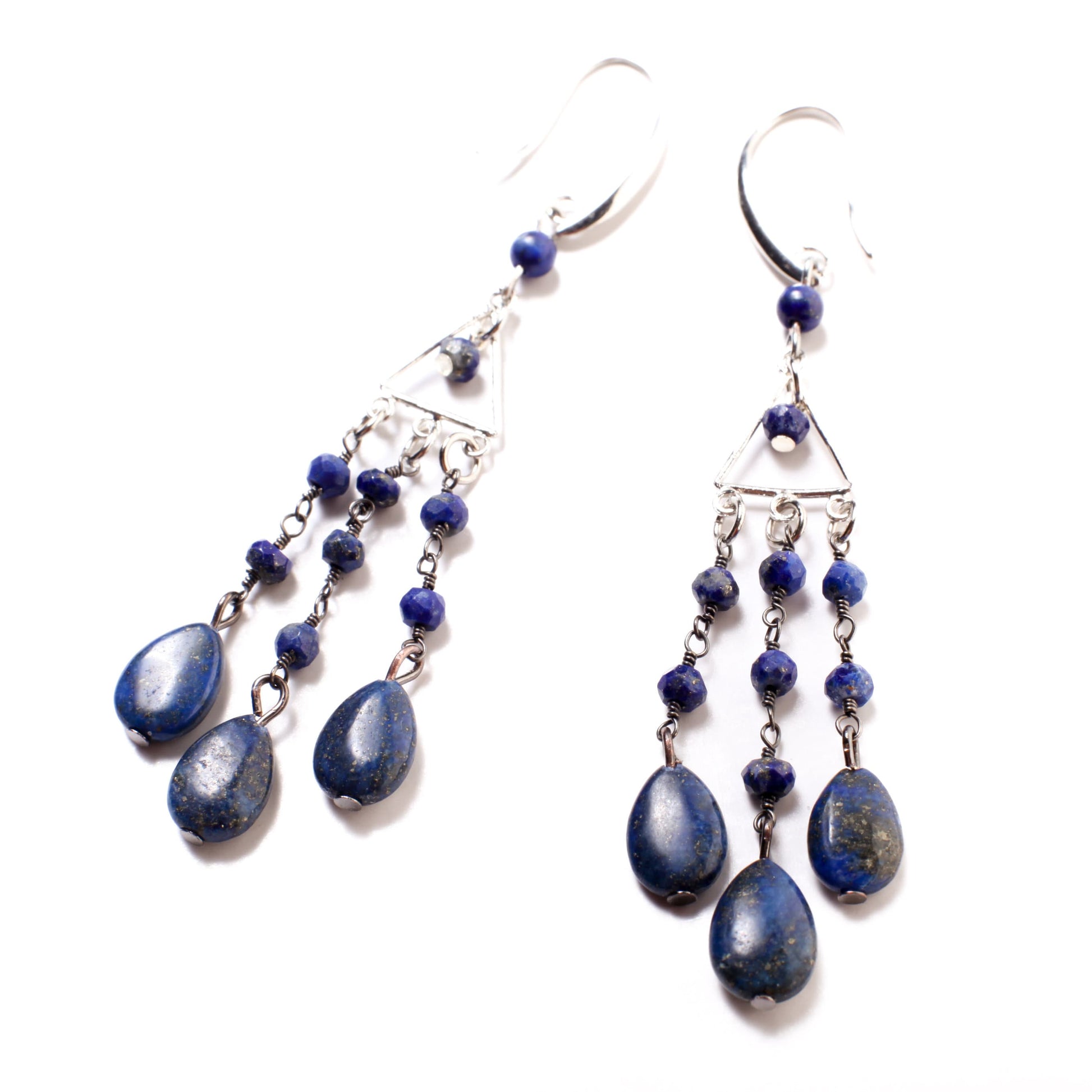 Lapis Lazuli Earrings, Natural Lapis Wire Wrapped Dangling Oval Accents Faceted Lapis Round Beads Rhodium silver Chandelier Ear Wire