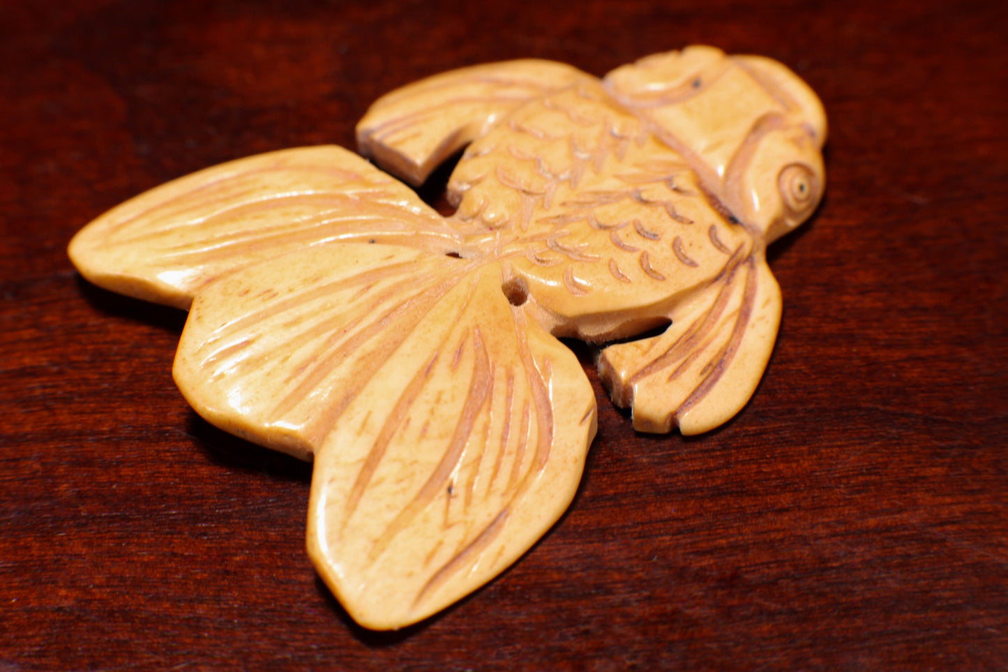 Carved Buffalo Bone Large Gold Fish, 52x42mm Hand Crafted Double Sided Animal Figurine Drilled Bead, Art Deco