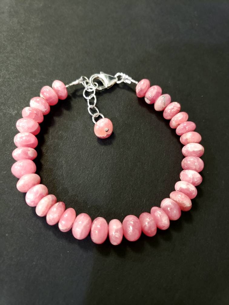 Argentina Pink Rhodochrosite Round 7-8mm Bracelet in 925 Sterling Silver Clasp and 1" Extension