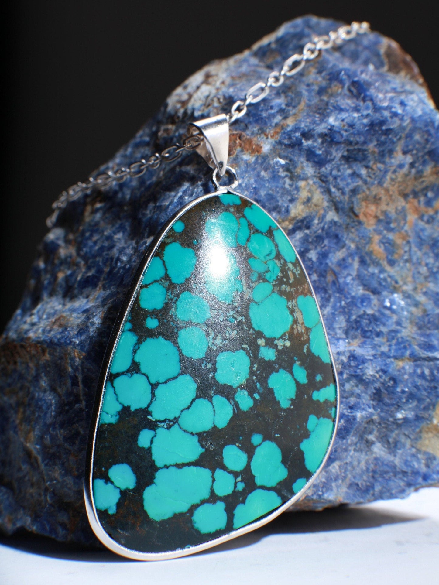 Genuine AAA Tibetan Spiderweb Turquoise Cab Gemstone 925 Sterling Silver Bezel Pendant Vintage Jewelry, Option:925 Silver Chain,38x58mm 18g