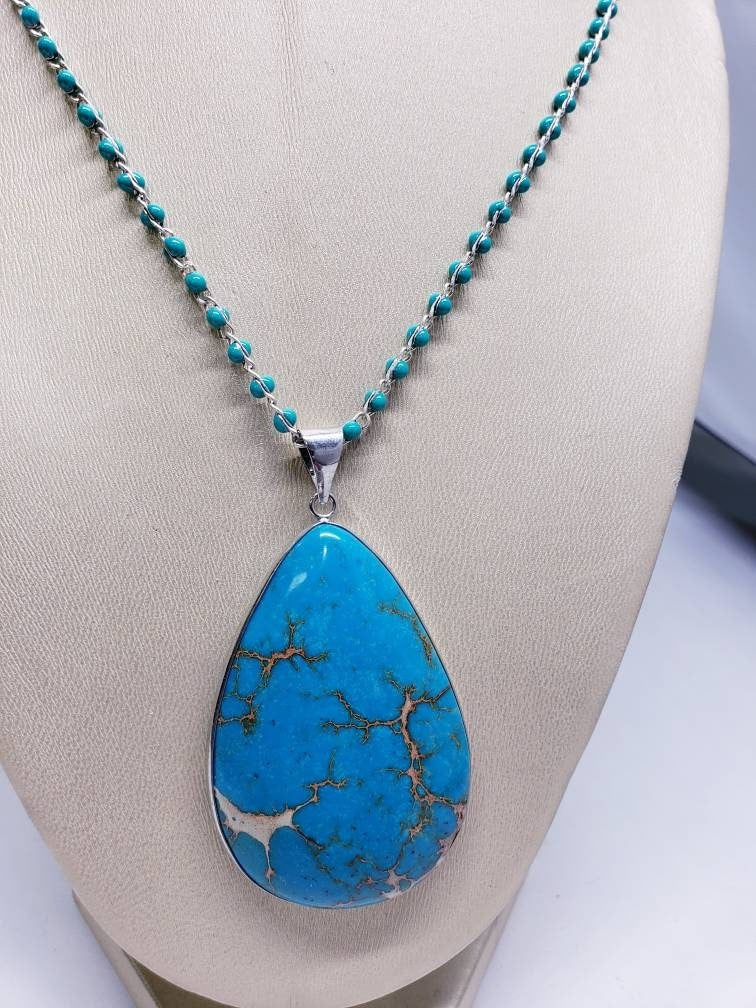 Blue turquoise brown matrix large pendant with turquoise beaded chain 22" rhodium silver necklace , gift for man & woman