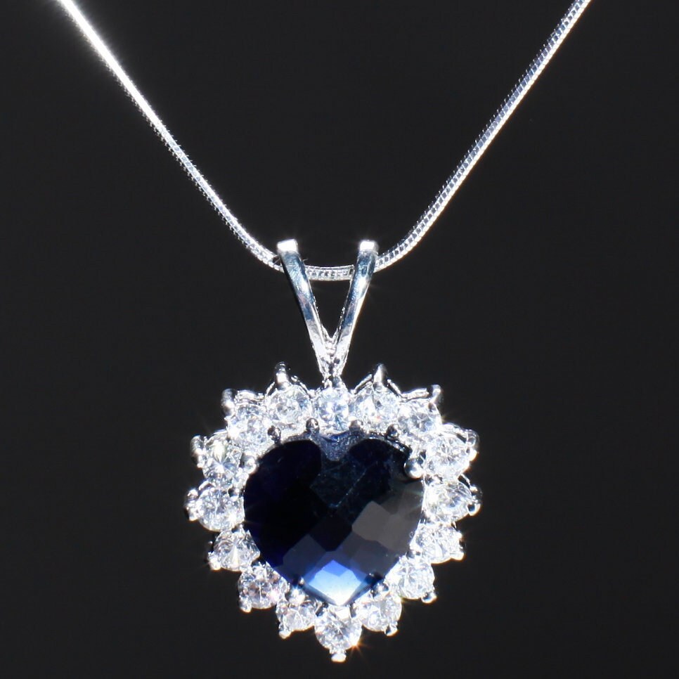 Blue Heart CZ Pendant 925 Sterling Silver Cubic Zirconia Sapphire Blue Ocean Heart Pave CZ Diamond Style, Italian Sterling Silver Chain,Gift