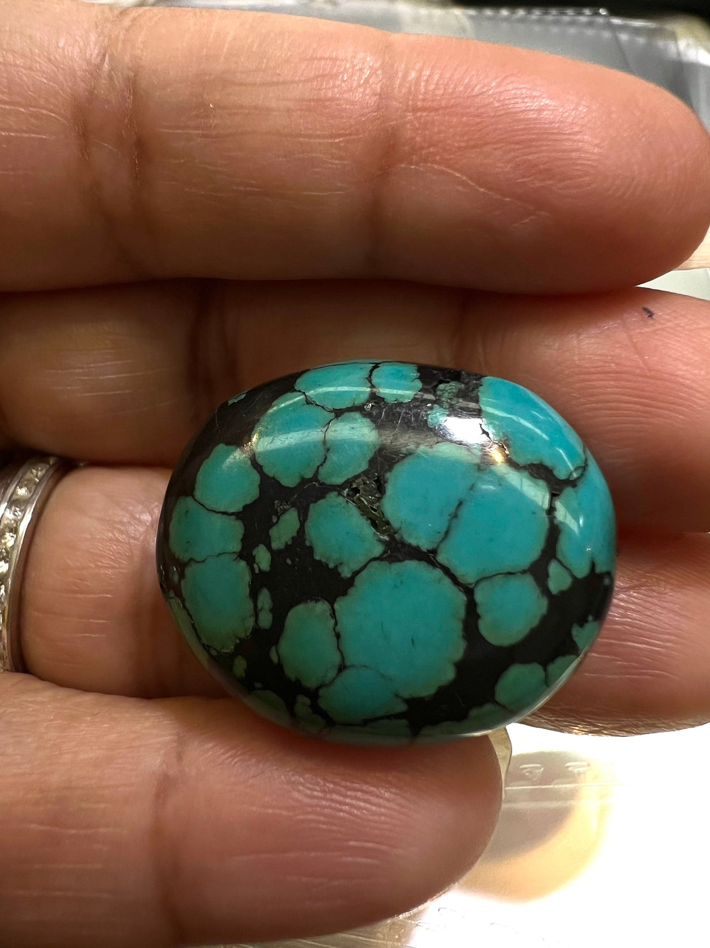 Turquoise Pebble, AAA Tibetian Spiderweb Blue Turquoise pebble 23x28 Rare,jewelry Focal,pendant,palm stone,pocket stone,collection, healing