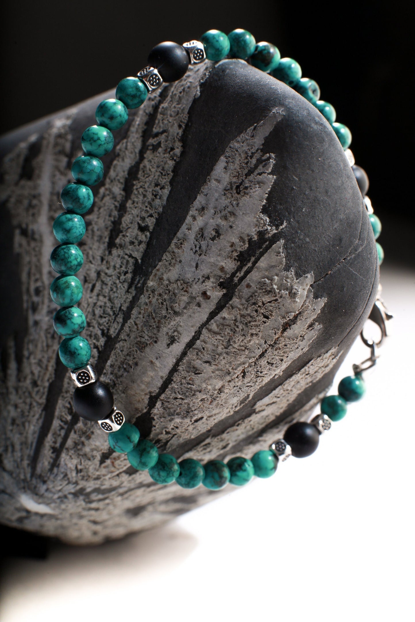 Natural Turquoise AAA Quality Spiderweb Matrix Bracelet Accented with Matte Black Onyx Beads Available in 6", 6.5", 7", 7.5" and 8"