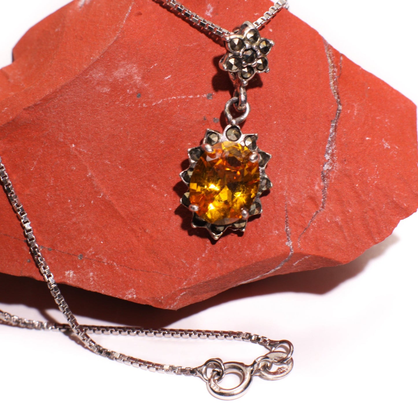 Genuine Citrine 925 Sterling Silver Marcasite Vintage, Antique Pendant With Matching 925 Sterling Silver Rhodium Box Chain 16",I8" Necklace,