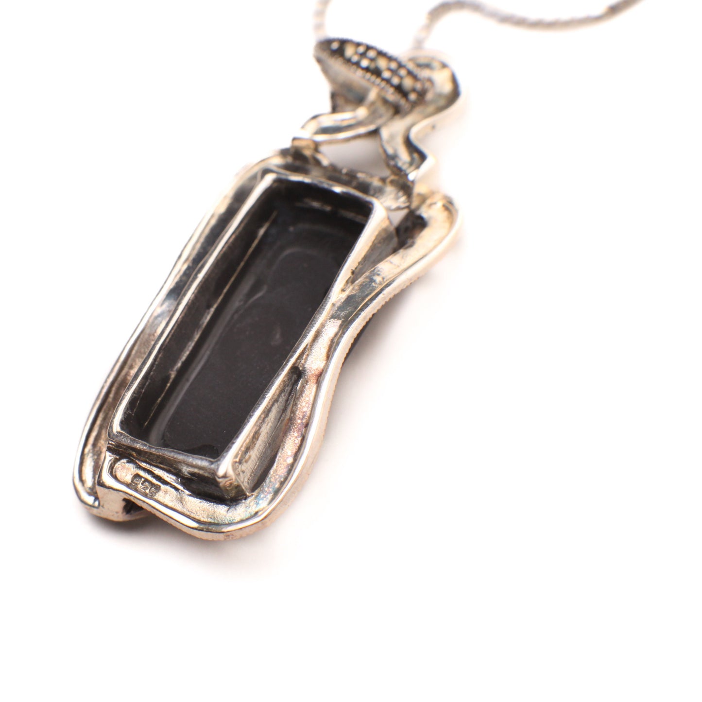 Marcasite 925 Sterling Silver Black Onyx Pendant Necklace with Rhodium Non Tarnish Sterling Silver Chain 18x31mm Vintage, Antique necklace