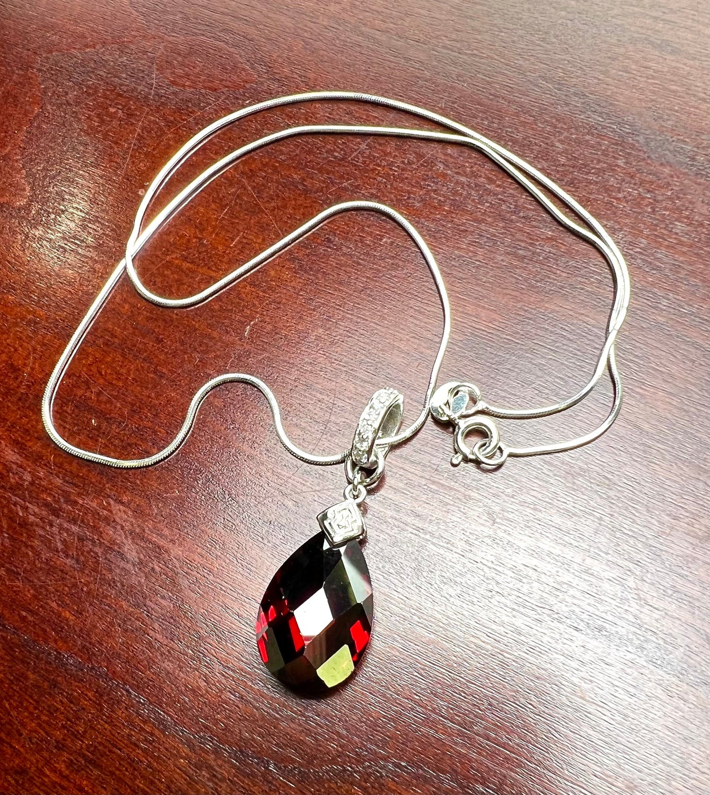 Genuine Garnet With CZ diamond setting 925 Sterling Silver 12x21mm drop Charm with .925 Italian Sterling Silver chain 925 stamped