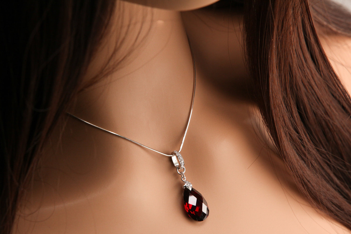 Genuine Garnet With CZ diamond setting 925 Sterling Silver 12x21mm drop Charm with .925 Italian Sterling Silver chain 925 stamped