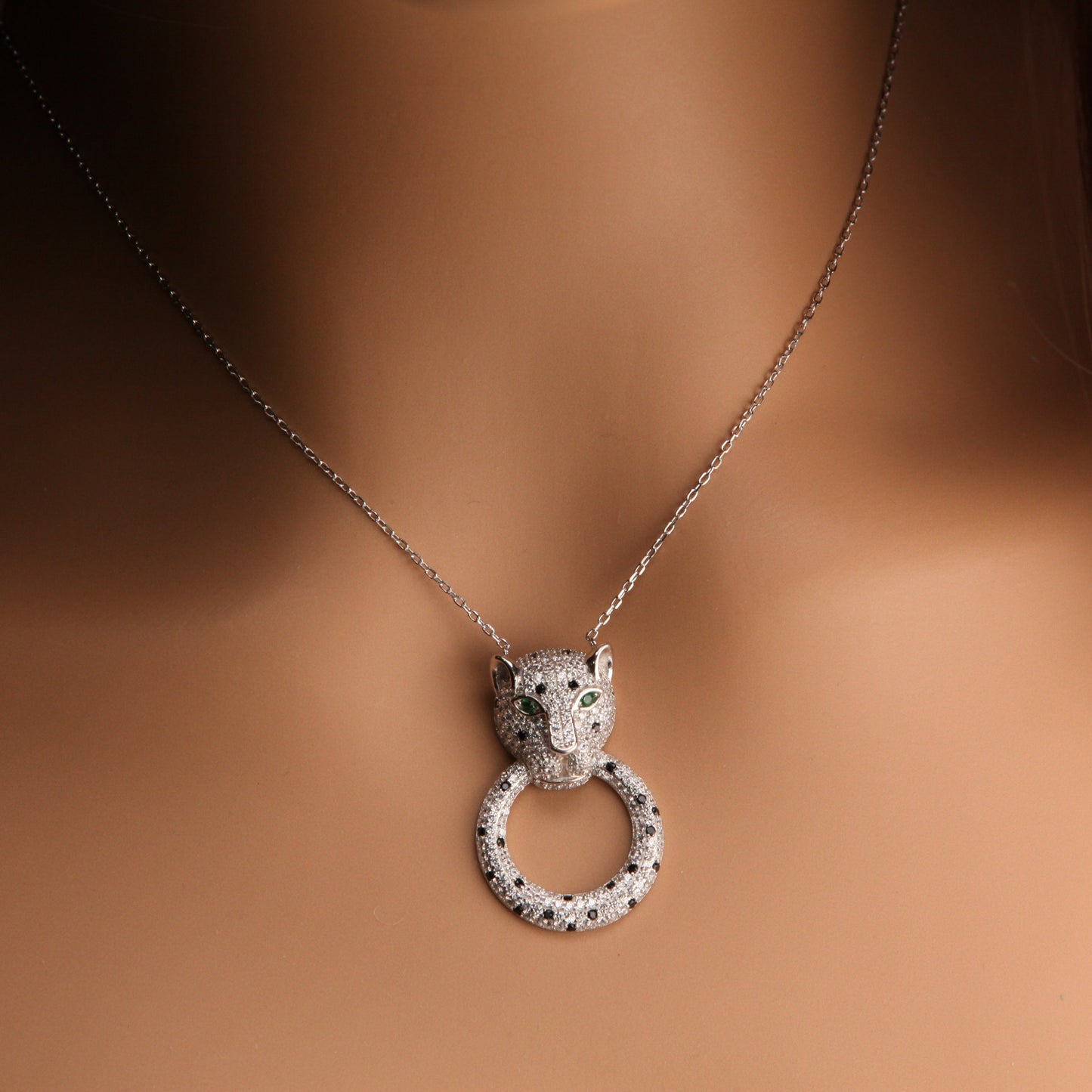 Cubic Zirconia Diamond 925 Sterling Silver Panther Jaguar with Ring Pendant Necklace. 16” plus 2” extension, 925 stamped
