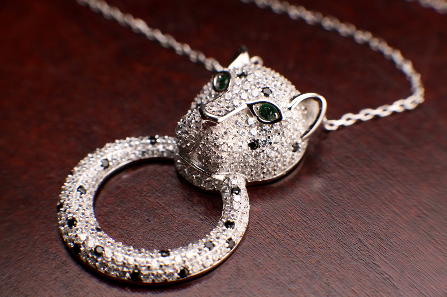 Cubic Zirconia Diamond 925 Sterling Silver Panther Jaguar with Ring Pendant Necklace. 16” plus 2” extension, 925 stamped