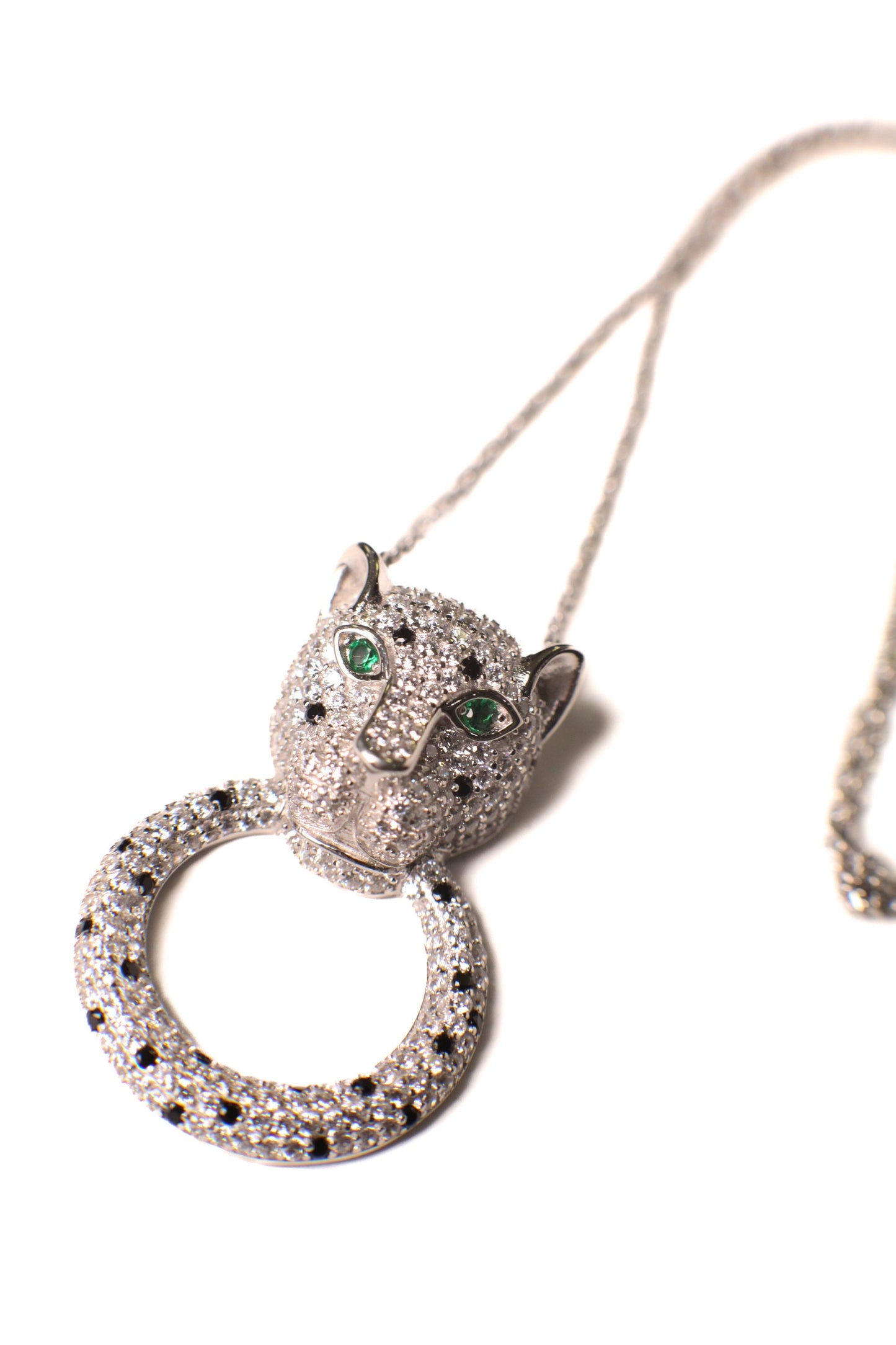 Cubic Zirconia Diamond 925 Sterling Silver Panther Jaguar with Ring Pendant Necklace. 16” plus 2” extension, 925 stamped