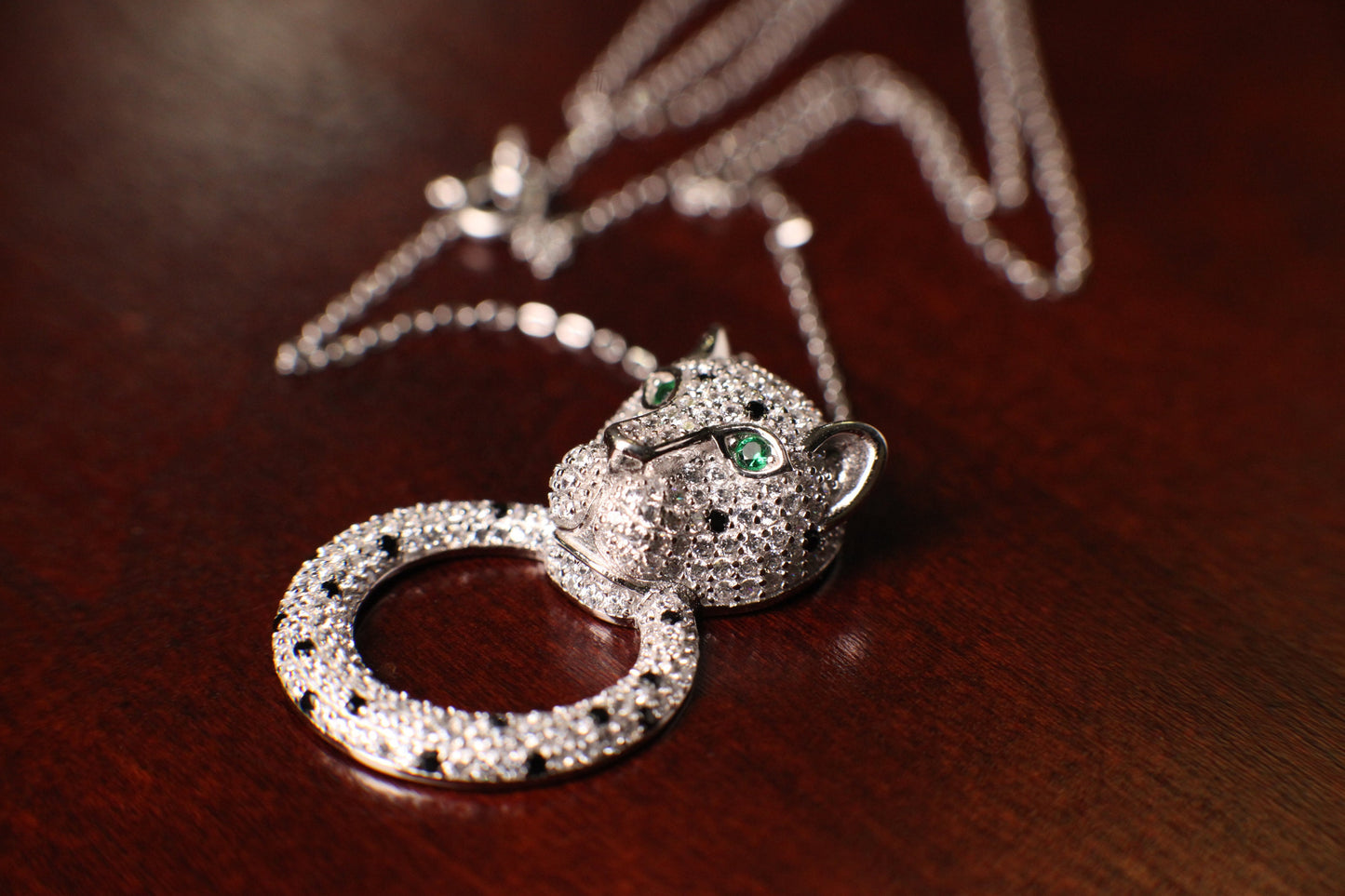 Cubic Zirconia Diamond 925 Sterling Silver Panther Jaguar with Ring Pendant Necklace. 16” plus 2” extension, 925 stamped