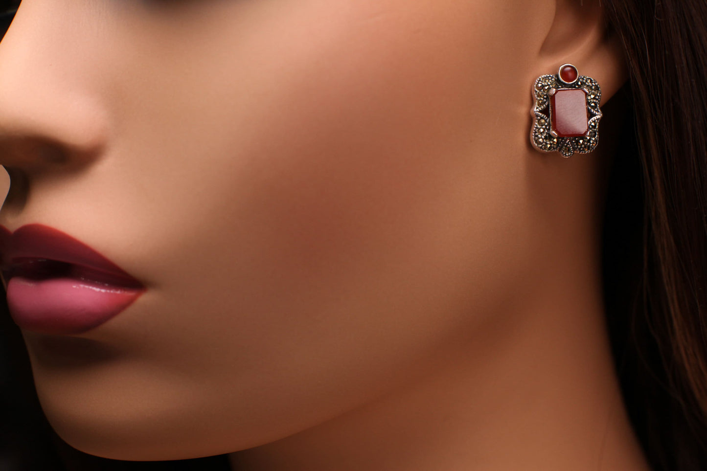 Marcasite 925 Sterling Silver Earrings Post with Dangle Red Carnelian Agate Rectangle Shape 14x18mm Vintage, Antique Marcasite Earrings