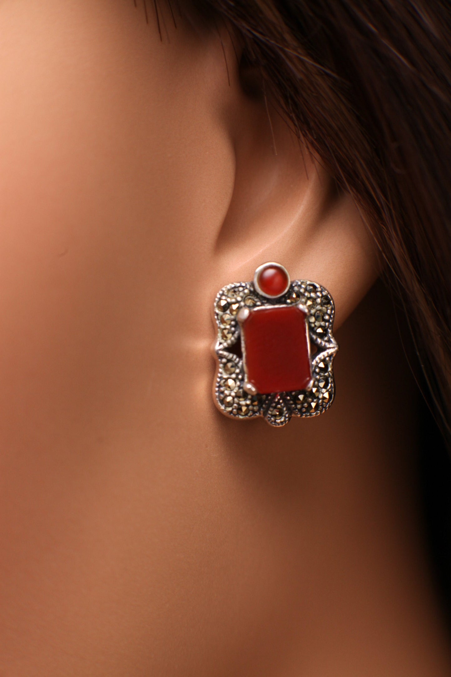 Marcasite 925 Sterling Silver Earrings Post with Dangle Red Carnelian Agate Rectangle Shape 14x18mm Vintage, Antique Marcasite Earrings
