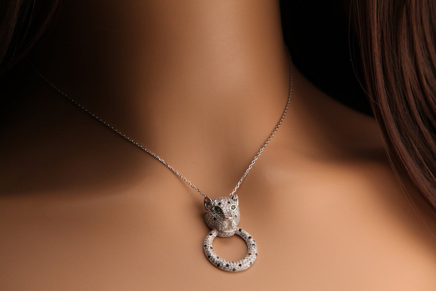 Cubic Zirconia Diamond 925 Sterling Silver Panther Jaguar with Ring Pendant Necklace. 16” plus 2” extension, 925 stamped