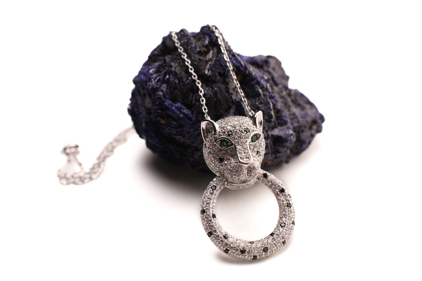 Cubic Zirconia Diamond 925 Sterling Silver Panther Jaguar with Ring Pendant Necklace. 16” plus 2” extension, 925 stamped