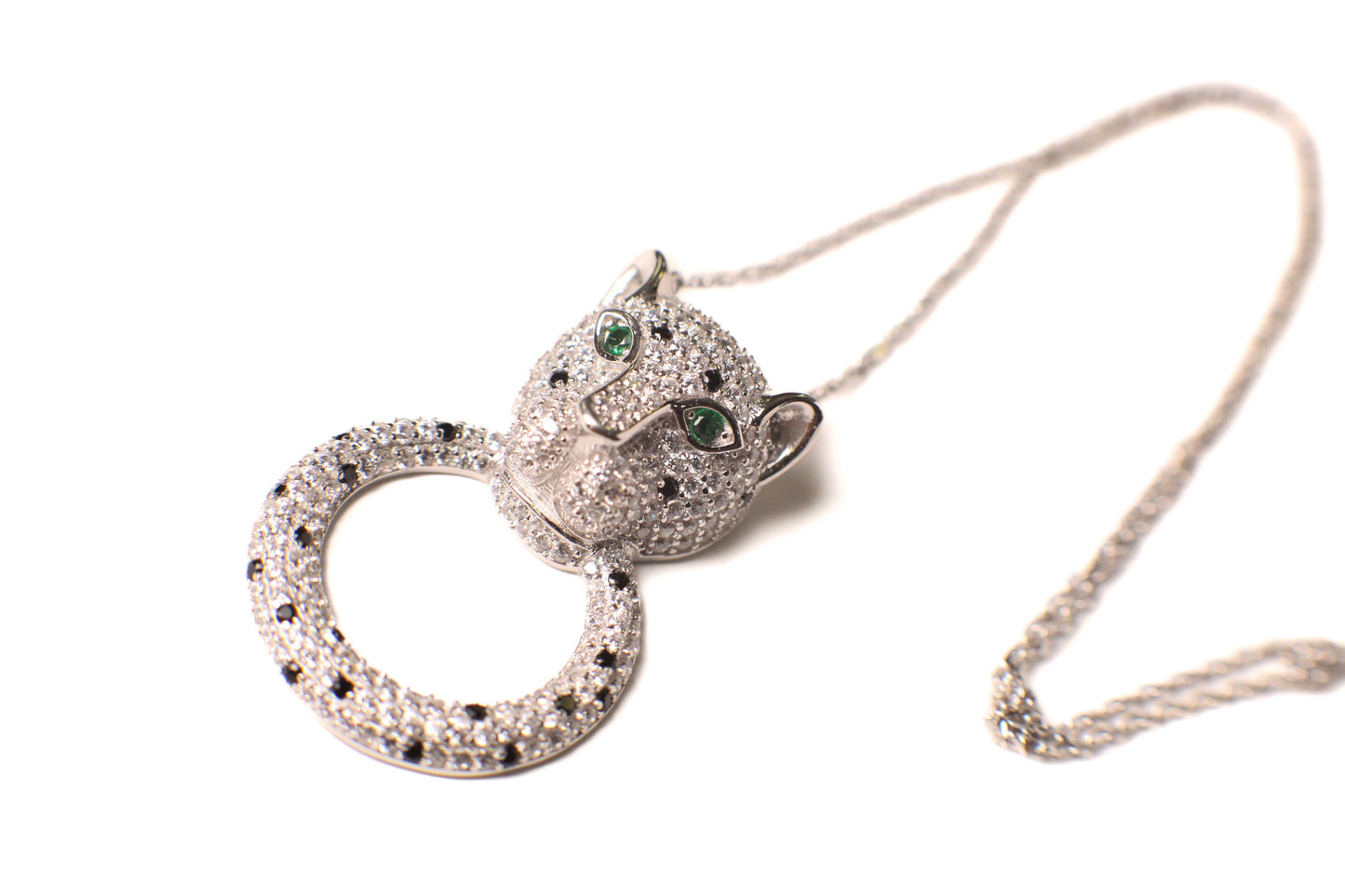 Cubic Zirconia Diamond 925 Sterling Silver Panther Jaguar with Ring Pendant Necklace. 16” plus 2” extension, 925 stamped
