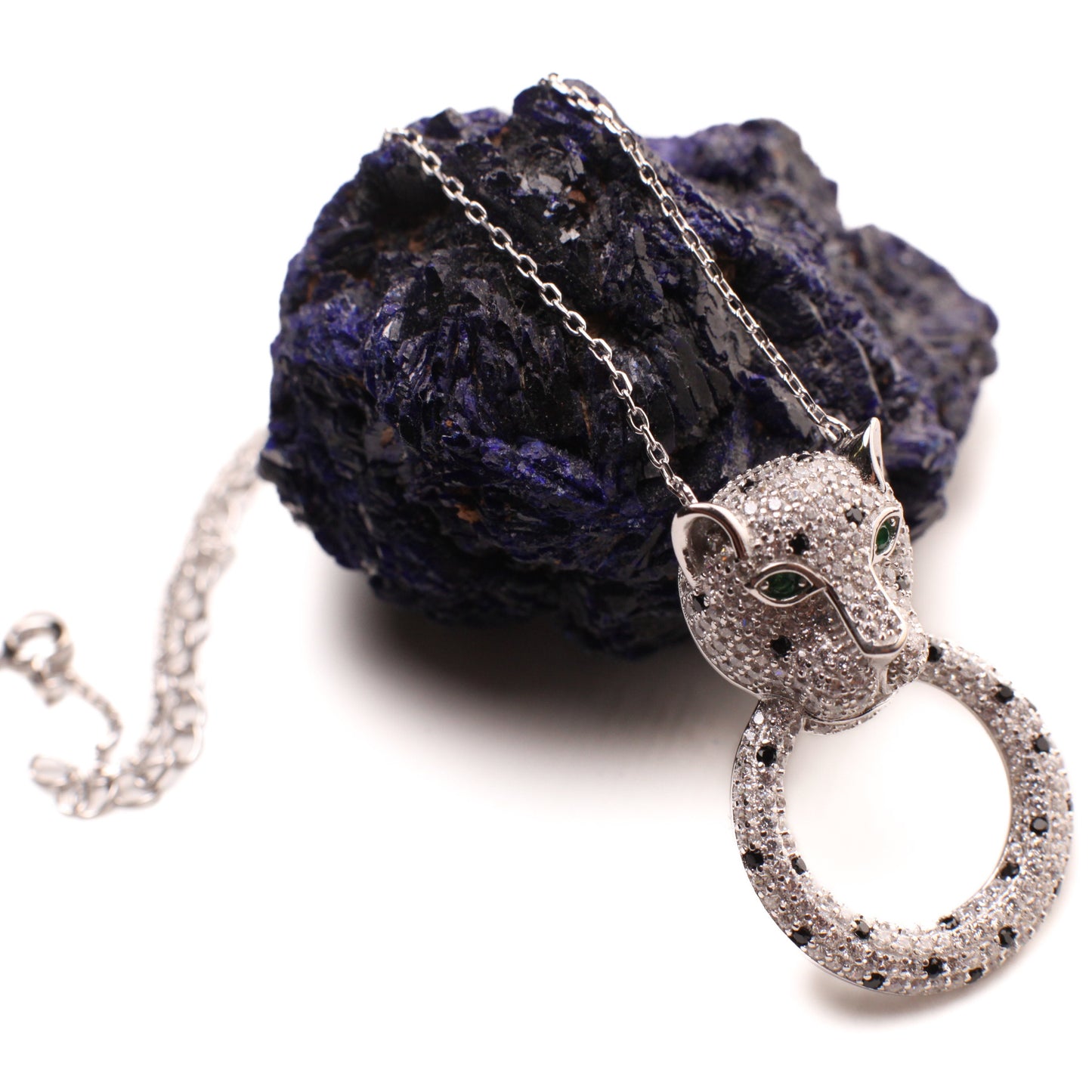 Cubic Zirconia Diamond 925 Sterling Silver Panther Jaguar with Ring Pendant Necklace. 16” plus 2” extension, 925 stamped