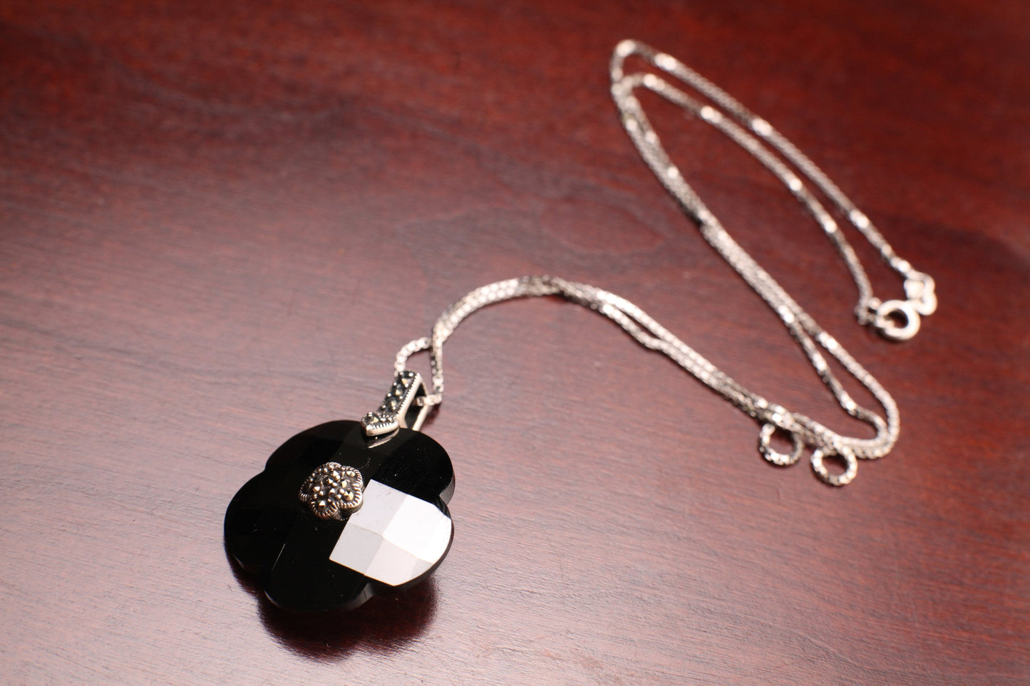 Black Spinel 925 Sterling Silver Marcasite Vintage, Antique Daisy Pendant Matching 925 Sterling Silver Rhodium Box Chain 16",I8" Necklace