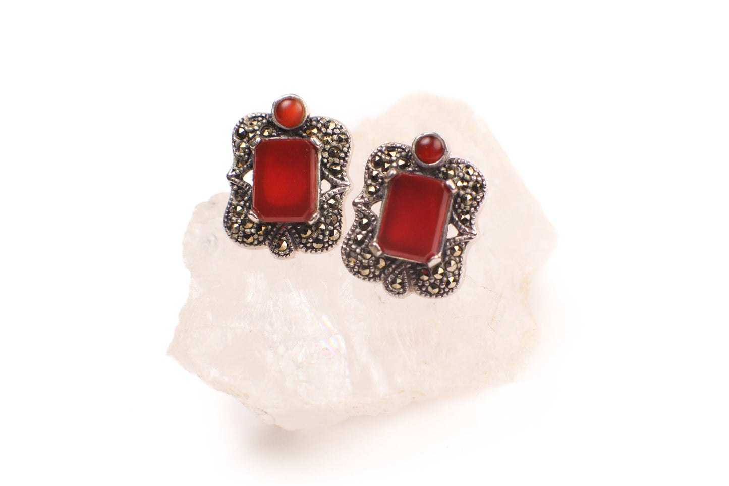 Marcasite 925 Sterling Silver Earrings Post with Dangle Red Carnelian Agate Rectangle Shape 14x18mm Vintage, Antique Marcasite Earrings