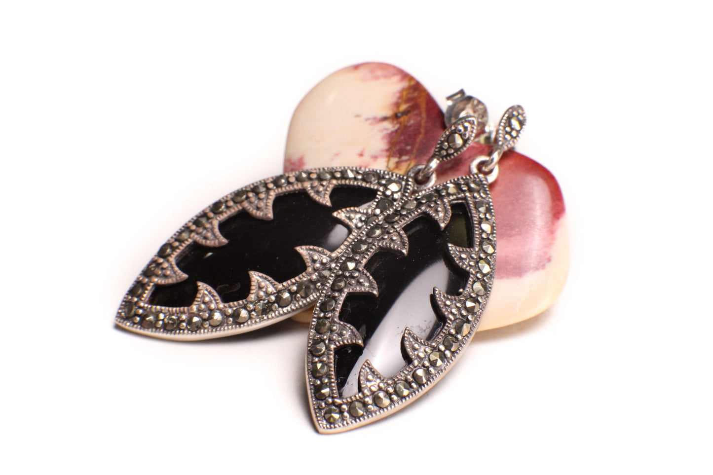 Black Onyx 15x30mm Oval with 925 Sterling Silver Marcasite Earrings Post, Vintage, Antique Marcasite Earrings Gift for her