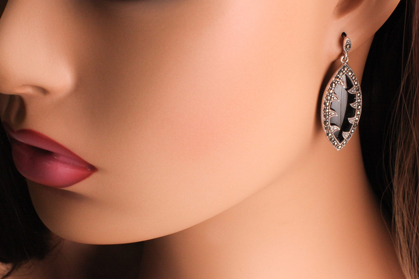 Black Onyx 15x30mm Oval with 925 Sterling Silver Marcasite Earrings Post, Vintage, Antique Marcasite Earrings Gift for her