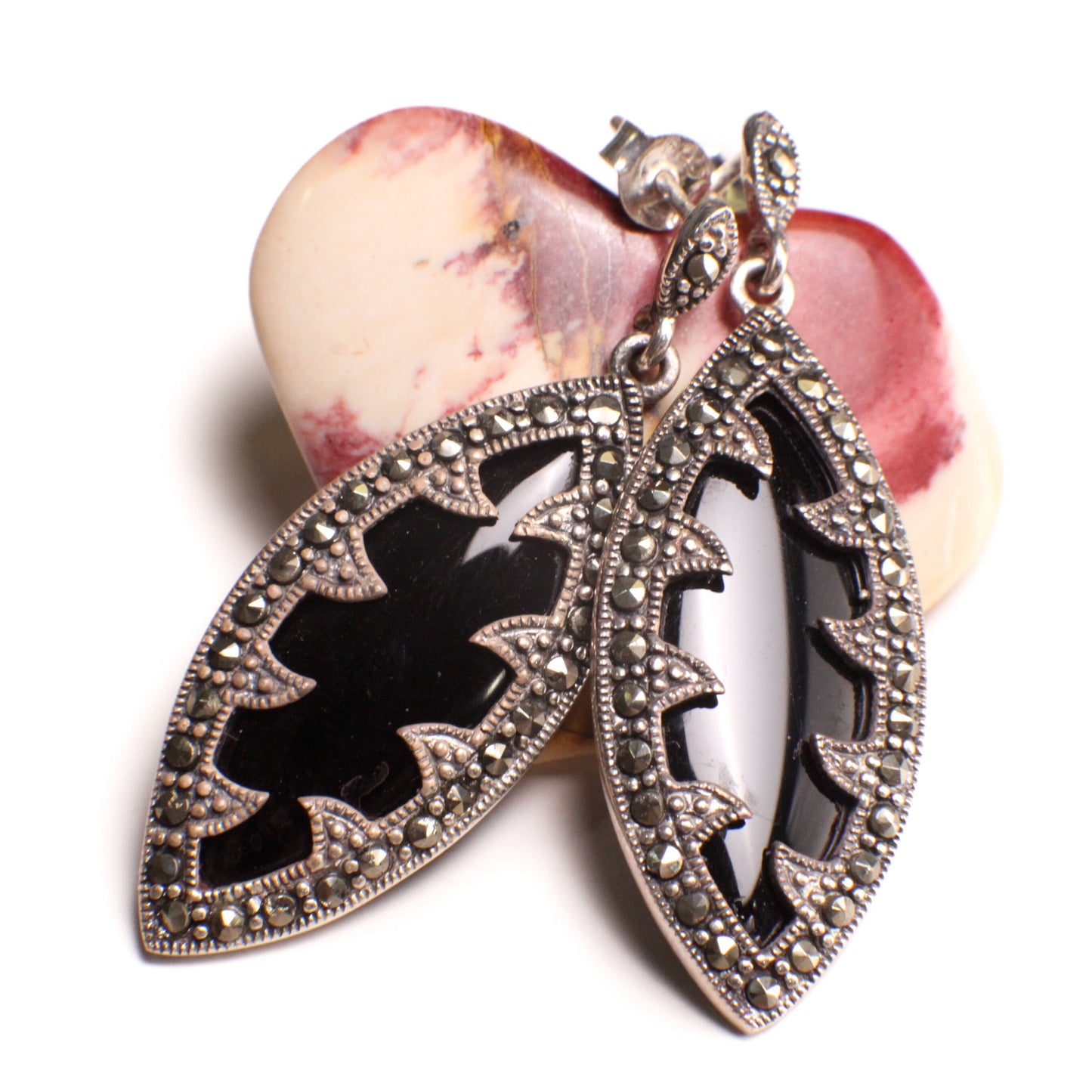 Black Onyx 15x30mm Oval with 925 Sterling Silver Marcasite Earrings Post, Vintage, Antique Marcasite Earrings Gift for her
