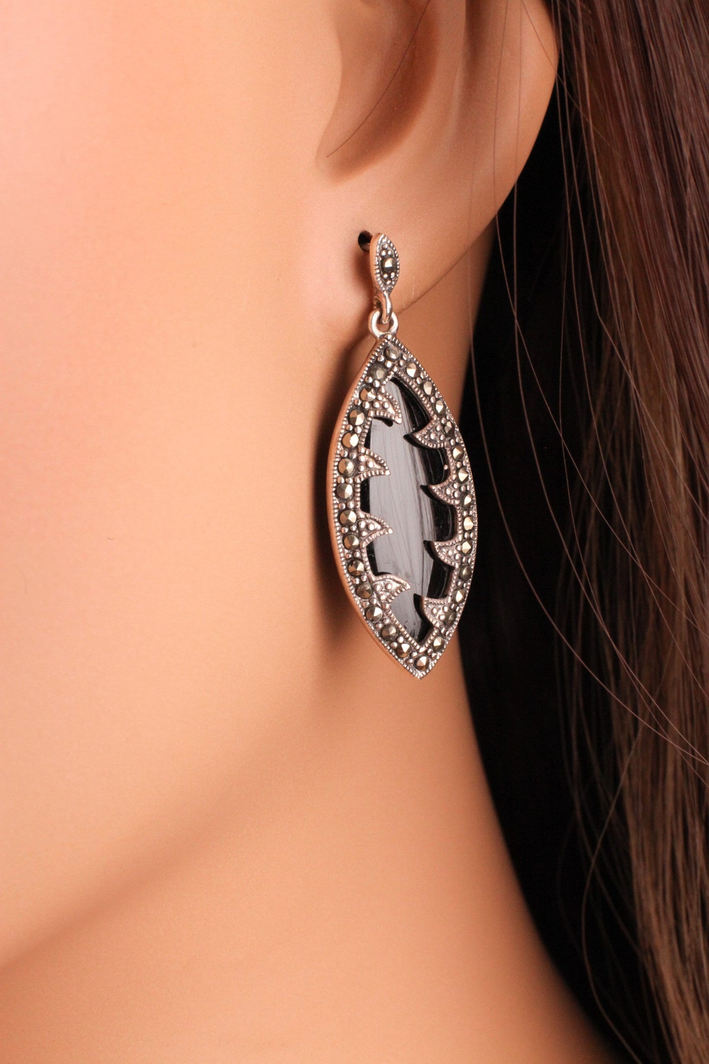 Black Onyx 15x30mm Oval with 925 Sterling Silver Marcasite Earrings Post, Vintage, Antique Marcasite Earrings Gift for her
