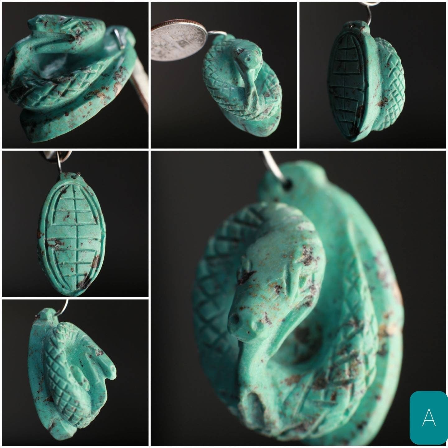 Natural Turquoise Hand Crafted Snake Pendant, Top Drilled, Miniature Animals Collectible Figurines Vintage Sculpture, Old Stock