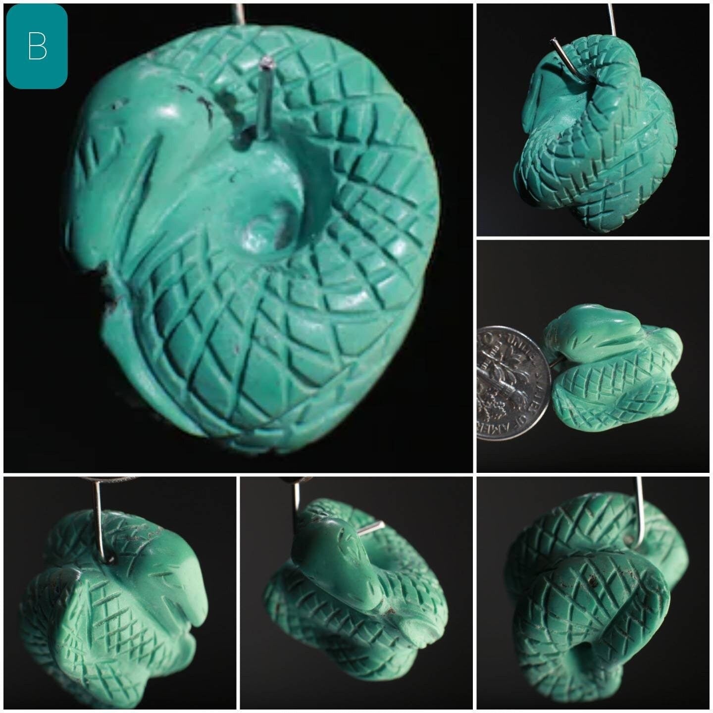 Natural Turquoise Hand Crafted Snake Pendant, Top Drilled, Miniature Animals Collectible Figurines Vintage Sculpture, Old Stock